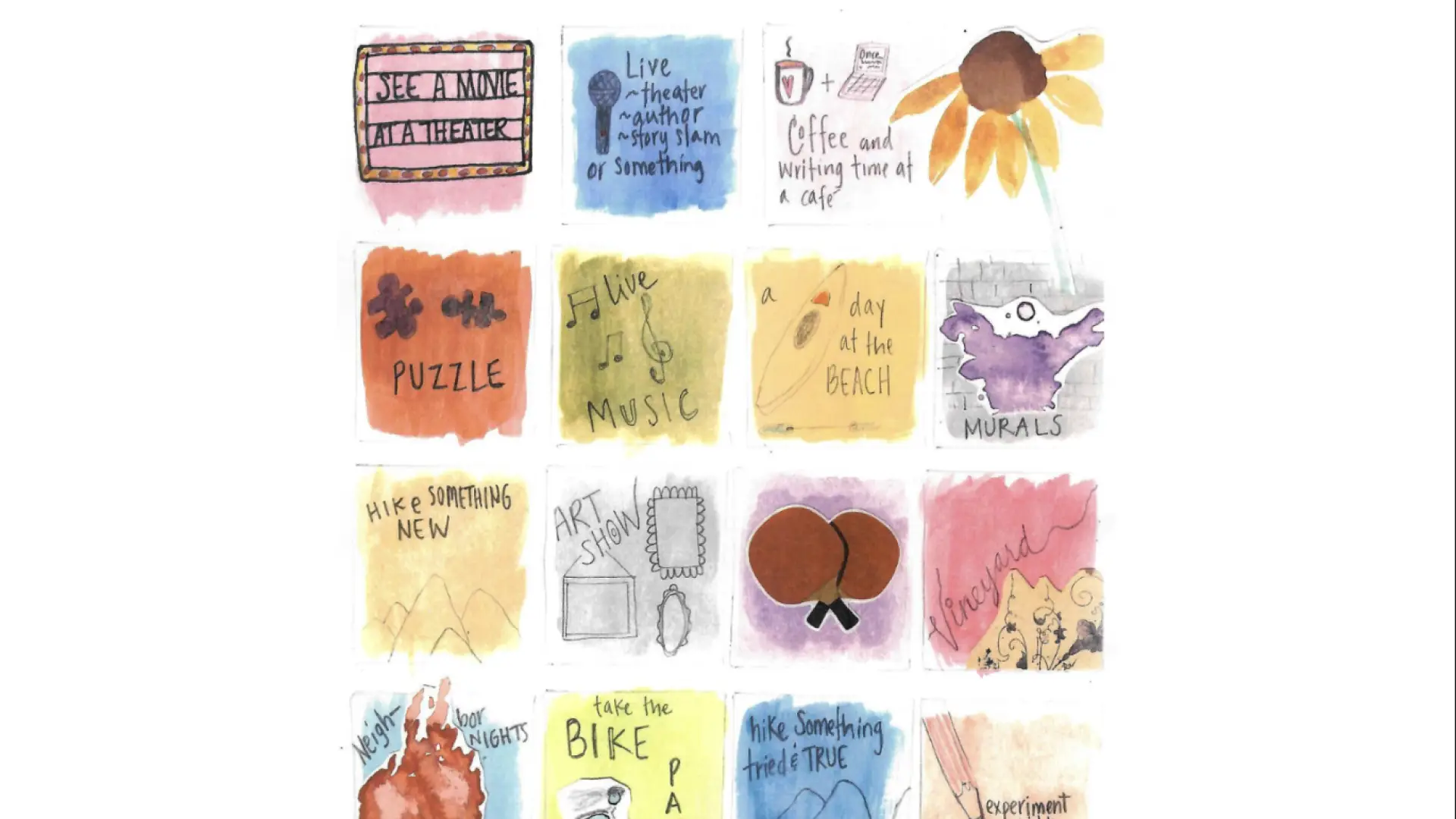 Watercolored "bingo" card with paintbrush at top